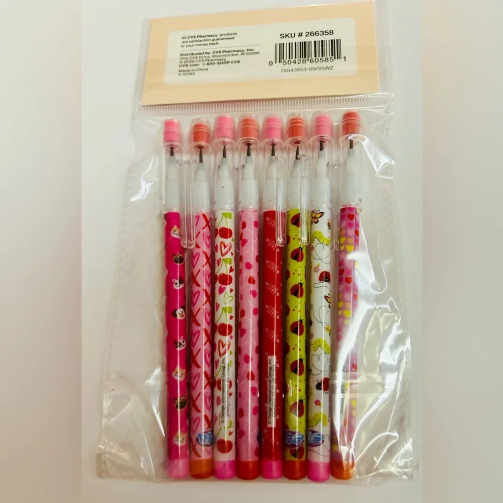 New Joyward Push Pencils 8 Pack Erasers Red White Pink Hearts Ladybugs